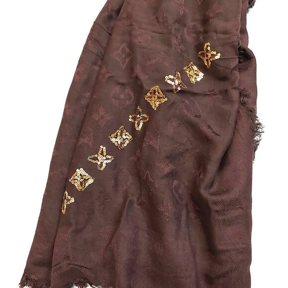 LOUIS VUITTON LV Vintage Brown with Gold Sequin Silk Wool Scarf Shawl Wrap - Picture 7 of 9